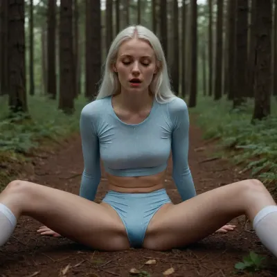 A 6ft tall very skinny 30s woman with long straight white hair, She has long thin legs, She has small breasts cup A, she has a flat belly and thigh gap, She is is lying flat on the forest floor with her legs wide apart, her knees pulled up and her hands holding her thighs, She is wearing a skintight white running shirt with red polkadots, (She is wearing lightblue cycling bibs), She is half irish half lithuanian with a pretty freckled face, Her eyes are closed, her mouth is wide open, (cum flowing from her mouth and lips and pussy and belly and thighs), .
Natural light, POV from someone standing 6 feet away looking down, woman, cum, on, face
