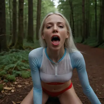 A 6ft tall very skinny 30s woman with long straight white hair, She has long thin legs, She has small breasts cup A, she has a flat belly and thigh gap, She is is lying flat on the forest floor with her legs wide apart, her knees pulled up and her hands holding her thighs, She is wearing a skintight white running shirt with red polkadots, (She is wearing lightblue cycling bibs), She is half irish half lithuanian with a pretty freckled face, Her eyes are closed, her mouth is wide open, (((cum flowing from her wide open mouth and lips and pussy and belly and thighs))), .
Natural light, POV from someone standing 6 feet away looking down, woman, cum, on, face, mouth wide open, shocked look