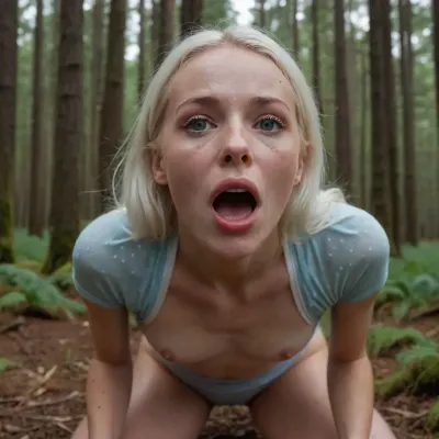 A 6ft tall very skinny 30s woman with long straight white hair, She has long thin legs, She has small breasts cup A, she has a flat belly and thigh gap, She is is lying flat on the forest floor with her legs wide apart, her knees pulled up and her hands holding her thighs, She is wearing a skintight white running shirt with red polkadots, (She is wearing lightblue cycling bibs), She is half irish half lithuanian with a pretty freckled face, Her eyes are closed, her mouth is wide open, (((thick white cum on her mouth and lips and clothes and pussy and belly and thighs))), Lots of natural light, POV from someone standing 6 feet away looking down, mouth wide open, shocked look, woman, cum, on, face, open mouth, eyes frightened and wide open, <lora:JustCum:1.4>
