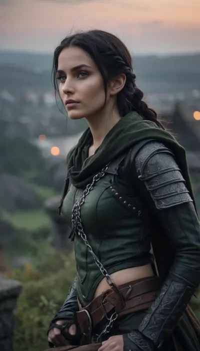 Sneaky female elf rogue, slender and agile, pale moonlit skin, long raven-black hair tied in a loose braid, piercing green eyes scanning the shadows, clad in dark leather armor reinforced with quiet chain, a hood partially concealing her face, twin daggers glinting faintly, crouched atop a moss-covered rooftop in an ancient elven city, faint mist curling around her boots, a faint smirk hinting at danger, cinematic low light, ultra-realistic fantasy art