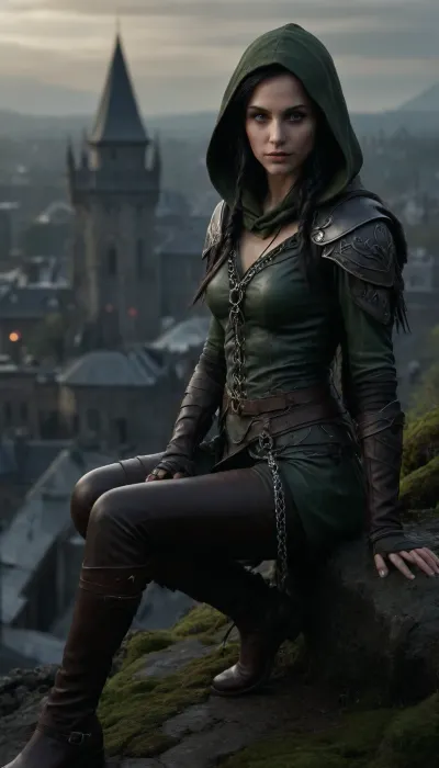 Sneaky female elf rogue, slender and agile, pale moonlit skin, long raven-black hair tied in a loose braid, piercing green eyes scanning the shadows, clad in dark leather armor reinforced with quiet chain, a hood partially concealing her face, twin daggers glinting faintly, crouched atop a moss-covered rooftop in an ancient elven city, faint mist curling around her boots, a faint smirk hinting at danger, cinematic low light, ultra-realistic fantasy art