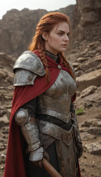 Battle-hardened dwarf princess warrior, compact and powerful, braided auburn hair streaked with soot and ash, a small golden crown dented from battle resting above her brow, fierce emerald eyes framed by dirt and sweat, ornate gold-inlaid plate armor scratched and scarred, crimson royal cloak torn at the edges, gripping a heavy double-headed war axe still stained from combat, standing amidst the rubble of a breached mountain gate lit by flickering forge light, her stance unyielding, cinematic ultra-realistic fantasy art