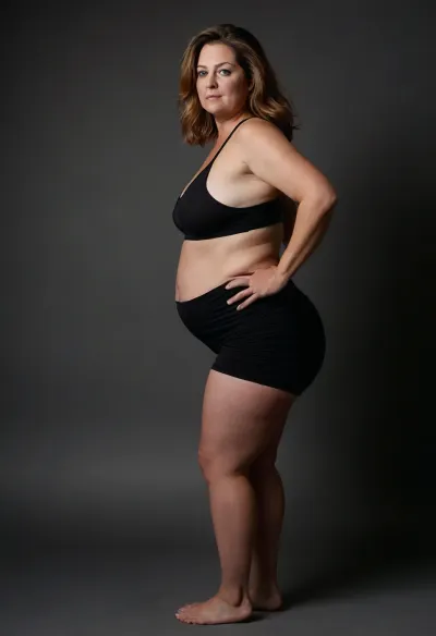 45° sideview, Full body shot, 50 year old woman, looking at viewer, eye contact, layered haircut, green eyes, black thin dress, obese, chubby, wide hips, curvy, small floppy breasts, sagging breasts, deflated breasts, tan lines, long hair, light brown hair with highlights, upturned nose, bottomheavy, big, ass, huge, gigantic, thick, thighs, massive, braless, Wearing, clothes, that, make, sense, with, Braless>, <lora:clothed_small:.5>, <lora:bottomheavy_v1_sdxl_tags:.8>, <lora:bralessSDXL_v1_00022:.8>