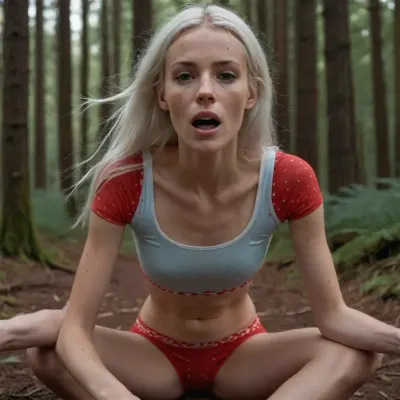 A 6ft tall very skinny 30s woman with long straight white hair and long thin legs and small breasts cup A and flat belly and thigh gap is lying flat on the forest floor, with her legs wide apart, her knees pulled up, her hands holding her thighs, She is wearing a skintight white running shirt with red polkadots, (She is wearing lightblue cycling bibs), She is half irish half lithuanian with a pretty freckled face, Her eyes are closed, her mouth is wide open, cum flowing from her mouth and lips and pussy and belly and thighs.
Natural light, POV from someone standing 6 feet away looking down, woman, cum, on, face, <lora:JustCum:.8>