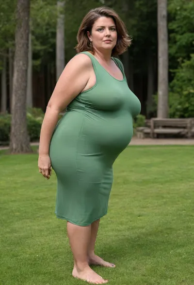 45° sideview, Full body shot, 50 year old woman, looking at viewer, eye contact, layered haircut, green eyes, green thin maxidress, obese, chubby, wide hips, curvy, small floppy breasts, sagging breasts, deflated breasts, tan lines, brown hair, upturned nose, SaggySlimXL, bottomheavy, big, ass, huge, gigantic, thick, thighs, massive, <lora:updated_saggy_slim:1>, <lora:clothed_small:.5>, <lora:bottomheavy_v1_sdxl_tags:.8>