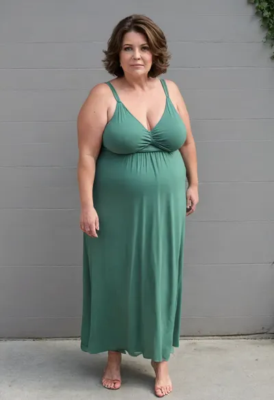 45° sideview, Full body shot, 50 year old woman, layered haircut, green eyes, green thin maxidress, obese, chubby, wide hips, curvy, small floppy breasts, sagging breasts, deflated breasts, tan lines, brown hair, upturned nose, SaggySlimXL, bottomheavy, big, ass, huge, gigantic, thick, thighs, massive, <lora:updated_saggy_slim:1>, <lora:clothed_small:.5>, <lora:bottomheavy_v1_sdxl_tags:.8>