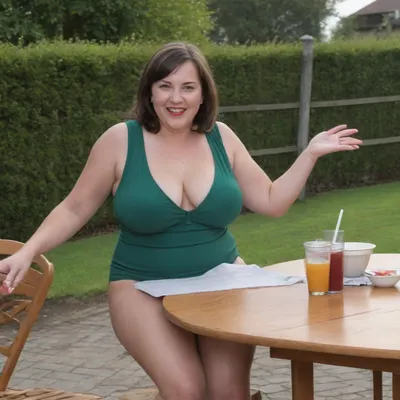 Sunny summer day, bright sunny day, The chubby milf 35 is dancing on the lawn, green lawn, stark naked body, chubby milf, transparent, medium very saggy tits, no panties, plump hairy pubis, brown hair, bobcut hair, dark green eyes, happy smile, nip slip, (normal quality:2), ((fully dressed women at table in background:1.5))