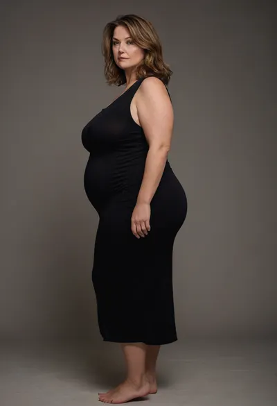 45° sideview, Full body shot, 50 year old woman, looking at viewer, eye contact, layered haircut, green eyes, black thin maxidress, obese, chubby, wide hips, curvy, small floppy breasts, sagging breasts, deflated breasts, tan lines, long hair, light brown hair with highlights, upturned nose, SaggySlimXL, bottomheavy, big, ass, huge, gigantic, thick, thighs, massive, <lora:updated_saggy_slim:1>, <lora:clothed_small:.5>, <lora:bottomheavy_v1_sdxl_tags:.8>