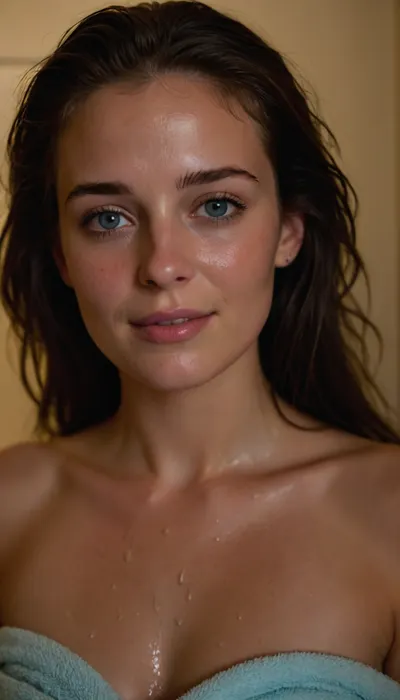 Medium-quality phone photo, Snapchat style, front-facing upper body shot of a 25-year-old woman in a small steamy bathroom just after a hot shower. Her wet hair clings to her neck and chest, droplets sliding down her smooth, flushed skin. The towel is loosely wrapped around her torso, slipping low enough to reveal the upper curve of her bare breasts and a teasing glimpse of her nipples. She tilts her head to one side with a shy, slightly embarrassed smile, bright light-blue eyes looking toward the camera. Steam softens the background, warm lighting catches the sheen of her damp skin, and the mood feels intimate, candid, and unposed.
