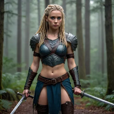 Female warrior, 25 years old, predator, blonde hair, standing full length, dreadlocks, leather armor on her hips, holding a long sword tightly in her hand, forest, blue eyes, rain.