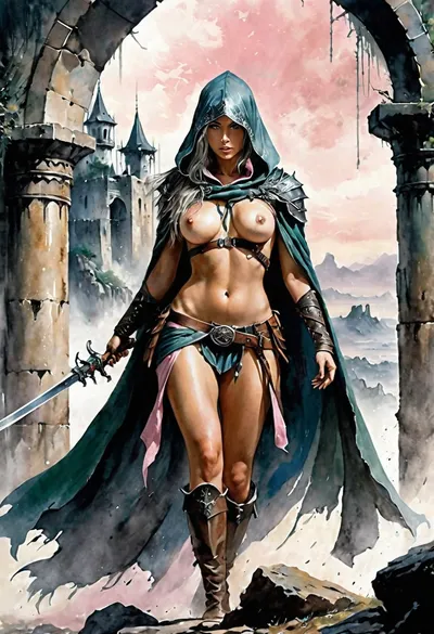 Dungeons&Dragons style, full body, a female draw assassin. bare chested, cloak and hood, silver long hair, blunt bangs, small chest, nude, large hips, smooth pussy, Yoji Shinkawa, Luis Royo, fog ruins background, dark green and blue and light pink palette, <lora:SDXLInkStainsFinal:.8>