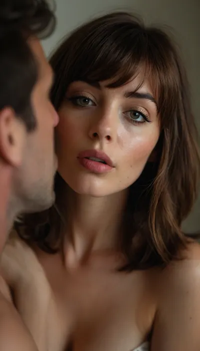 ziprealism, (erotic intimate esthetic, anticipation, longing:1.2), (sensual French woman, bliss, lips parted, moment before the kiss, intense passion, seductive foreplay, hot breath:1.4), (f/2.8, shallow depth of field, layered composition with subtle foreground, o, (ver the shoulder shot), , :1.6), (tight face closeup, eyes closeup, shot in profile, eyes focus:1.2), (subtle bokeh:.4), (rich brunette hair with coppery undertones, thick voluminous hair, cute french bob-cut hair, wispy bangs with fringe, loose hair obscuring face:1.4), ((large expressive eyes), slightly downturned eyes), (soft facial features, full lips, soft pillowed lips, long delicate eyelashes, soft blush, flushed skin, subtle freckles, natural skin texture), (large teardrop breasts, soft breasts), (romantic bedroom:1.8), <lora:style_lora_realis:1.6>