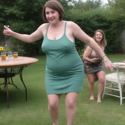 Sunny summer day, bright sunny day, The chubby milf 60 is dancing on the lawn, green lawn, stark naked body, chubby milf, transparent sleeveless dress, medium very saggy tits, no panties, plump hairy pubis, brown hair with highlights, bobcut hair, dark green eyes, happy smile, nip slip, (normal quality:2), ((fully dressed women at table in background:1.5)), SaggySlimXL, bottomheavy, big, ass, huge, gigantic, thick, thighs, massive, braless, Wearing, clothes, that, make, sense, with, Braless>, <lora:updated_saggy_slim:1>, <lora:clothed_small:.5>, <lora:bottomheavy_v1_sdxl_tags:.8>, <lora:bralessSDXL_v1_00022:.8>
