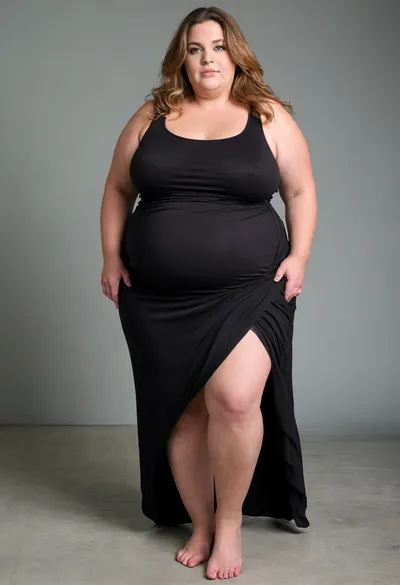 45° sideview, (obese:1.3), Full body shot, 50 year old woman, looking at viewer, eye contact, black thin maxidress, ssbbw, chubby, wide hips, curvy, large floppy breasts, sagging breasts, deflated breasts, tan lines, long hair, light brown hair with highlights, layered haircut, upturned nose, bottomheavy, big, ass, huge, gigantic, thick, thighs, massive, braless, Wearing, clothes, that, make, sense, with, Braless>, <lora:clothed_small:.2>, <lora:bottomheavy_v1_sdxl_tags:.8>, <lora:bralessSDXL_v1_00022:.5>