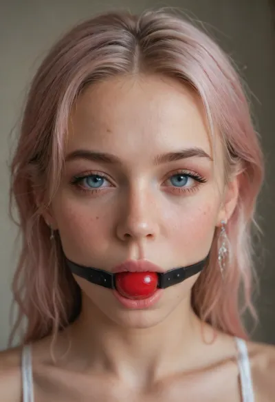 beautiful, petite girl, beautiful straight pink hair, slight freckles, bright pink lipstick, perfect makeup, blushed cheeks, wearing a ballgag, ballgag inside her mouth