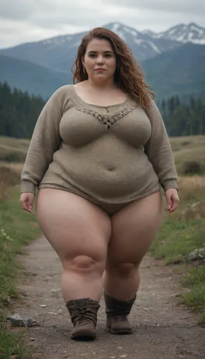 viking, hyper hips, heavyweight, fat woman, obese, (fully dressed:1.3), night mountain, massive fat thighs, hiking, (shortstack:.03)