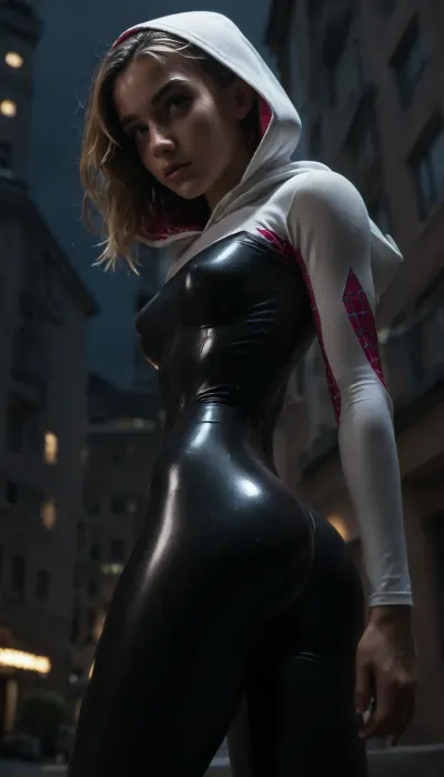 night, clear weather, (((18 years old))), (((young))), (spider girl Gwen Stacy), Braided side Side Cornrows Hair, (tight outfit), athletic body, hood on head, hip gap, (narrow waist:1.3), (blonde with pink strands), (view from side and below:1.4), climbs to the roof of a high-rise building, (makeup), New York day, ((pussy cameltoe:.6)), (wet clothes), (oiled skin:1.5), (wet tight bodysuit:1.8), hand, 1girl, (athletic ass), medium natural breast, (high detailed face:1.5), dim lights, (hard nipples:.8), <lora:HandFineTuning_XL:1>, <lora:MGLRbodysuit_sdxl:.6>, <lora:uberfit_lora_sdxl:.4>, <lora:dark:.3>, (chiaroscuro lighting:.3)