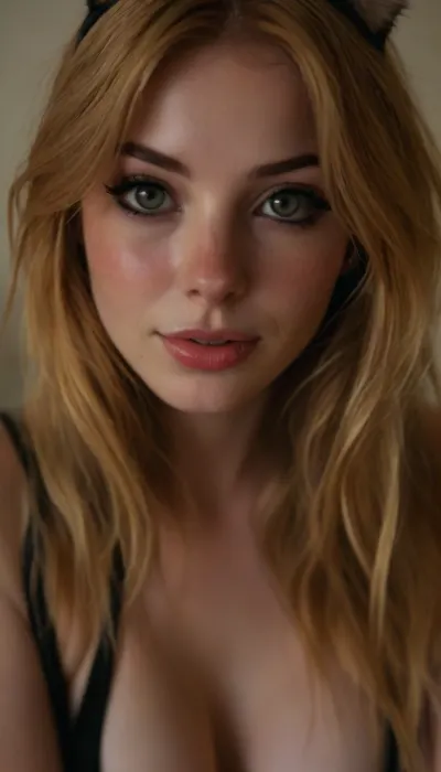 ziprealism, (sensual candid esthetic, stunning cat girl woman, catgirl, soft mischievous smirk, playful eyes:1.8), (f/2.8, shallow depth of field), (closeup shot, lips focus:1.2), (cat ears headband, short ginger-orange hair with blonde highlights, French Bob haircut, long wispy bangs with fringe:1.4), (feline facial features, subtle freckles, short upturned nose, tall filtrum, large expressive eyes, dimples), (loosely falling hair, loose hair obscuring face, loose hair hiding eye:1.8), (full pouting lips, cupids bow, soft pillowed lips, moist glossy lips, natural skin texture, flawless pale skin:1.4), idarkgbaddie, (cozy bed:1.6), <lora:style_lora_realis:.4>, <lora:igbaddie-XL:.4>