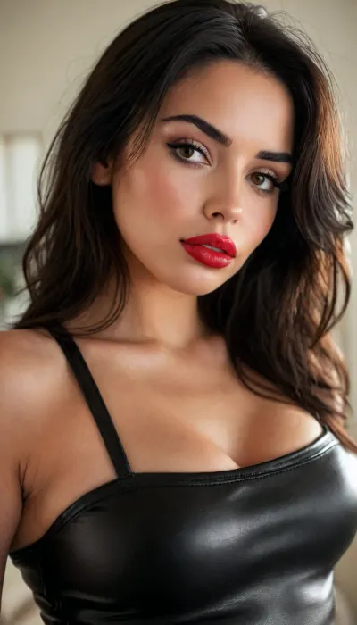 ziprealism, (30yo, intimate sensual esthetic, artistic study of feminine allure, offset composition), (seductive sensual expression, sensual eye contact, soft teasing smirk, confident pose:1.2), (f/2.8, shallow depth of field, subtle bokeh), (medium full shot, low angle view, view from side, focus on ass:1.8), (sleek glossy black hair, straightened long hair, hair obscuring face, dark full eyebrows:1.4), (athletic body, slim waist, wide hips, thicc thighs, tight black leather pants:1.4), (soft pillowed lips, moist lips, vibrant red lipstick:1.4), (natural skin texture, long thick eyelashes:1.2), (cozy bedroom), (large teardrop breasts, soft breasts, pale nipples:1.2), (strong defined jawline, large expressive eyes, catchlights)