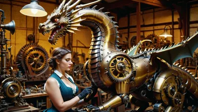 A young beautiful big breast woman in vintage Victorian work clothing, repairing a big mechanical dragon, in a workshop filled with mechanisms, gears and many tools.
Mechanical dragon made of metal and gold, crouched on its paws, in a Victorian workshop. Futuristic art. Bright daylight. Close-up, wide angle shot. Detailed, atmospheric, bright colors, photorealistic.