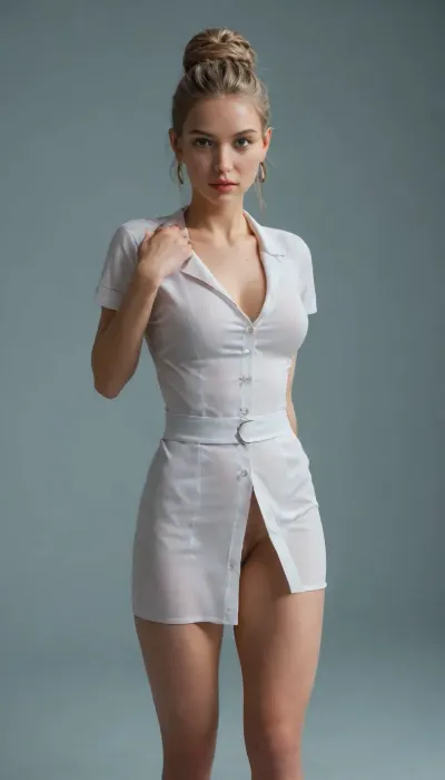 masterpiece, best quality, ultra-detailed, high resolution, 8K, sharp focus, intricate details, highly detailed, 2d, (flat color:2), (no lineart:2), simple background, gradient background, 1girl, solo, long natural blonde hair, dreadlocks, bun, braid, detailed face, detailed eyes, green eyes, no pupils, seductive, big breasts, curvy, athletic, thick thighs, wide hips, narrow waist, big ass, bottom heavy, public hair, landing strip, detailed skin, smooth skin, pale skin, teasing, realistic shadows, natural depth of field, ultrarealistic, high quality reflections, uhd, 8k, chromatic aberratio, random pose, random view, nurse uniform, too tight clothes, no underwear