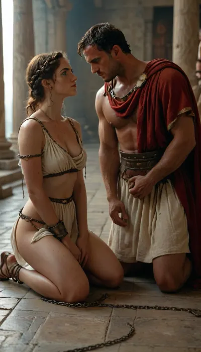 a man and woman, woman wearing Greek tunic, show nipple, prostrating before a Roman centurion, looking at him with tenderness and admiration, dominating her, she is chained, woman kneeling, raw, <lora:Realism_Lora_By_Stable_yogi_SDXL8.1:.8>, <lora:MJ52:.8>, <lora:580159_training_data:.8>, detailed, eyes, perfect, freckles, skin, texture, photorealistic, <lora:Super_Eye_Detailer_By_Stable_Yogi_SDPD0:.8>