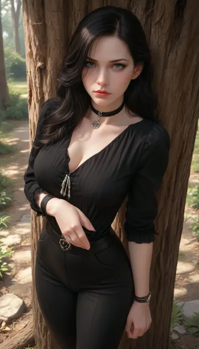 masterpiece, best quality, high resolution, hires, score_9, score_8_up, score_7_up, score_6_up, (Yennefer:1.4), incase, style, ratatatat74, solo, view from above, close up, black clothes, large breasts, wide hips, thick thighs, black pants, standing, looking at viewer, serious expression, serious, leaning against tree, fonding breasts, day, detailed, forest, <lora:287175_training_data:1.5>, <lora:ratatatat74-000050:1.3>