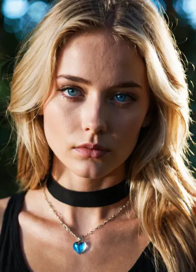 A woman with long blonde hair and striking blue eyes, adorned with a choker necklace featuring a heart pendant, wears a black tank top with a transparent chest panel. Her expression is one of contemplation, with a slight hint of sadness. The background is dark with a subtle bokeh effect, emphasizing the subject in the foreground. Soft, warm light from the upper left corner casts gentle shadows on her face, creating an intimate atmosphere. The scene is framed with a slight film grain, giving it a nostalgic, cinematic quality.