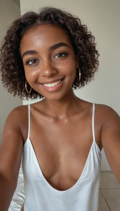 30 years old indian woman, taking a selfie, wearing red brassiere, show nude tits, dark brown skin, slim nose, brown hair, small sagging breasts, robust body, embarrassed smile, round face, no underwear, minimalist white luxury hotel, freckles, brown eyes, molar on cheek, 3/4 body view, rhinoplasty, hyper realistic photo, full hd, 8K