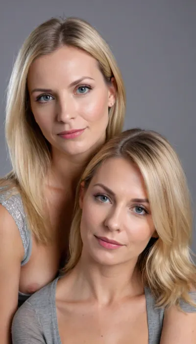 Meisterstück, Zwei Frauen, Susanne 43 Jahre und Eva 49 Jahre alt, blonde Haare, stehen nebeneinander in einem Fotostudio, ihre Beine sind gespreizt, sie sind nackt und verschwitzt, sie haben sich dem Zuschauer zugewandt, Perfekte natürliche Brüste, perfekte Hände und Füße, natürliche detaillierte Haut, Perfekte detaillierte Muschi, Zeigen ihren ganzen hübschen Körper und ihre Muschi, 8k, UHD, extrem real