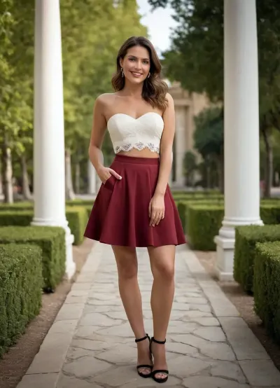 The image showcases a 47yo woman posing provocatively outdoors. She is seated on a brick or stone surface, with her legs extended and positioned in a way that partially exposes her. She is wearing a white, strapless top with a lace detail and a short, dark red skirt. Her feet are adorned with black high-heeled sandals. Her expression is open and smiling, suggesting a playful or confident mood.

The skirt appears to be a flared or skater skirt. It has a full shape that falls away from the waist, creating a swirly silhouette. The skirt is a deep, rich shade of red, often described as burgundy or wine-colored. The color is solid and uniform throughout the fabric. The fabric seems to have a slight texture or weave to it, which gives it a subtle visual interest. It might be a material like crepe, or a similar fabric with some drape. The skirt is a mini skirt, meaning it's relatively short. It falls above the mid-thigh. The waistband of the skirt is not very visible, but it seems to be fitted to the waist. The skirt appears to be simply designed, without any visible embellishments like pockets or pleats.

The woman is wearing a two-piece outfit. The top is a white crop top. It appears to be made of a lightweight fabric, possibly cotton or a similar material. The top features a simple design, with a scalloped lace trim along the top edge and around the straps. It seems to have thin straps. The top is short, exposing a portion of her midriff. The bottom is a flared mini skirt in a deep red color, perhaps burgundy. The short skirt has a full, flowing silhouette, giving it a playful look. The fabric has a subtle texture, and the skirt appears to be made of a slightly thicker material, possibly a woven fabric. The skirt sits at her natural waist.

The background shows a blurred, green, leafy area, hinting at trees or bushes, providing a natural backdrop. To the right, there's a structure with a series of pillars or vertical supports, which are painted in a light, warm beige color, adding a touch of architectural detail. The walkway itself is made of a reddish-brown paved material, creating a contrast with the woman's attire and the green background. The lighting suggests it's a bright, sunny day. The composition is well-balanced, with the woman positioned centrally, drawing the viewer's eye and conveying a sense of energy and playfulness.