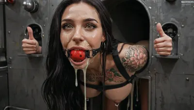 Extreme realism, high definition, 4K, (dirty mature brunette woman is stuck with her hips in a round hole with metal rim in an arcade machine on a busy street, wearing a ball gag), (she shows thumbs up:1.3), (very long black hair:1.4), (covered in tattoos:1.4), (straight hair, perfect perky breasts, nipple rings), (oiled skin:1.2), (stuck in round hole with metal rim:1.1), (wide metal box), (arms restrained in contraption:1.4), (wide angle, full machine in picture:1.1), (bustling street, passersby:1.3), (mouth closed, smiling, brown eyes, obsessive:1.5), (her arms are fixated in machine:1.5), (score_9, score_8_up, score_7_up, UHD 8K, masterpiece, best quality, maximum details, long distance shot:1.2), natural light, extreme realism, cinematic still, (very happy:1.3), (her hands are protruding from holes:1.3), (stuck in hole with metal rim), (ball gag, mouth closed:1.5), (leaning forward), (huge penis), (she stares at erect penis in front of her face:1.3), (a lot of cum on her face, bukkake:1.5), (((black hair))), (((very long hair))), (gorgeous face:1.3)