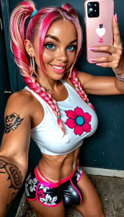 Futanari, shemale, alone, one person, award winning photo, pro DSLR photography, RAW photo of breckie hill, (((breckie hill))), (ultra pretty high detail face), 18, 18 year old, expressive eyes, photorealistic, still life recreation, freckles, many freckles, cute, ((very dark tanned skin:1.2)), (well defined tan lines), black thick eyebrows, (((bright vibrant neon pink hair))), gorgeous face, blushing, neon_pink hair in high pigtails, (((high_pigtails))), ((bright vibrant neon pink hair)), well-lit bright hair, exaggerated wasp waist, fit shaped busty body, curvy body, (((cock and balls bulge))), (((huge flaccid cock bulge))), huge flaccid cock and balls bulge, athletic shorts with white crop top, thick thighs, thigh gap, perfect body, huge hips, huge bubble ass, thong bodysuit, round buttocks, full lips, smiling, seductive, inviting sexy pose, realistic detailed, looking at the viewer, hyper detailed, power stance, standing, confident, top down selfie, (((high angle close up selfie:1.3))), side view selfie, intimate, candid, close-up side angle selfie, navel piercing, tattoos, nubile body, Garterbelt, black, fabric, floral, embroidery, wearing, the, garterbelt, iron, chains, <lora:MJ52:1.1>, <lora:attractive_notrigger:1.1>, <lora:568214_training_data:2>, <lora:add-detail-xl:1.2>, <lora:GarterbeltXL:.6>, realistic cumshot, dripping down thighs, jerking off