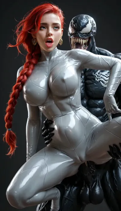 German woman, a very very very long thick braid, red hair, full lips, thick lips, huge chest circumference, dark olive skin, tight micro super hero outfit metallic high-necked long-sleeved high-rise bodysuit, black background, gets held in the air by Venom, full clothing, anal, huge black veiny Venom cock, cock all the way in her ass, belly bulge, ahegao, full body view