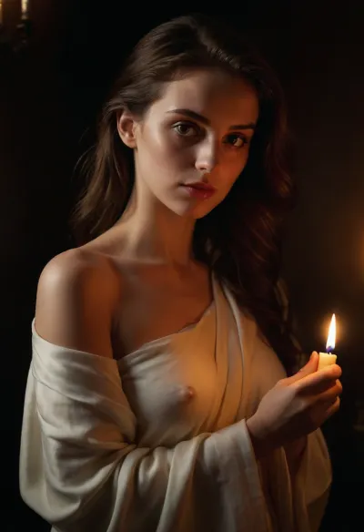 diaphanous ivory robe slipping off one shoulder, 1.4 dramatic chiaroscuro with deep shadow enveloping half her form and a single candlelit god-ray grazing her face, 1.6 oil on canvas in the style of Caravaggio, 1.7 fine yet bold brushwork capturing glint on the camera lens, rich ochres and burnished umbers in the background, 1.5