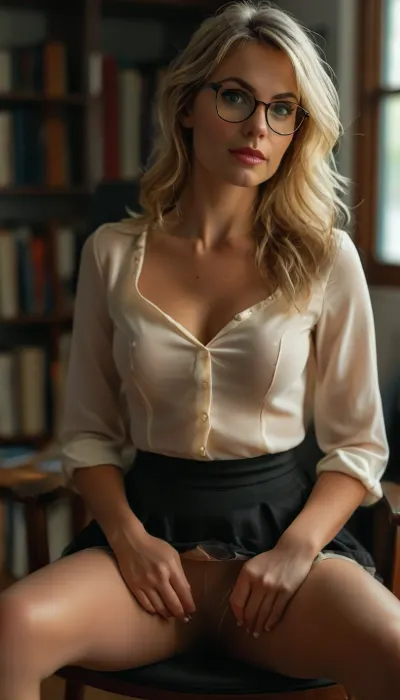 35 year old teacher, glasses, blonde, perfect tan skin, sitting on chair, in office, skirt, pantyhose, looking up her skirt, show bra, show nipples, view from beside, (view under her skirt), make-up, foundation, lipstick, unbuttoned shirt, show stockings, focus on her panties, close-up on her panties, cute panties, raw, Stable-Yogis-Makeup-Enhancer-XL, <lora:Realism_Lora_By_Stable_yogi_SDXL8.1:2>, <lora:MJ52:2>, <lora:580159_training_data:2>, <lora:style_lora_realis:.8>
