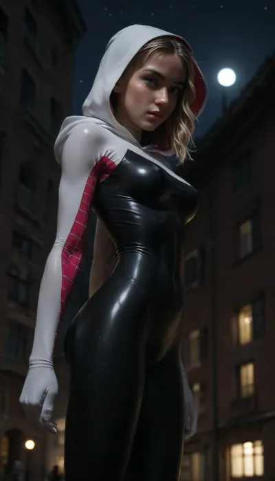 night, clear weather, (((18 years old))), (((young))), (spider girl Gwen Stacy), Braided side Side Cornrows Hair, (tight outfit), (athletic body:1.5), hood on head, hip gap, (narrow waist:1.3), (blonde with pink strands), (view from side and below:1.4), climbs to the roof of a high-rise building, (makeup), New York day, ((pussy cameltoe:.9)), (wet clothes), (oiled skin:1.5), (wet tight bodysuit:1.8), hand, 1girl, (athletic ass), medium natural breast, (high detailed face:1.5), dim lights, (hard nipples:.8), (chiaroscuro lighting:.3), <lora:HandFineTuning_XL:1>, <lora:MGLRbodysuit_sdxl:.6>, <lora:uberfit_lora_sdxl:.4>, <lora:dark:.3>