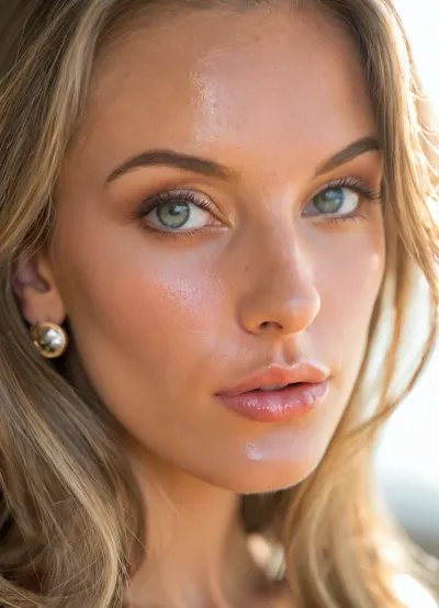 (masterpiece, best quality, photorealistic, ultra-detailed, highres, soft lighting), 1girl, Slim tall natural blonde, long natural hair, slavic, gold ring earrings, thin eyes, perfect body, slim waist, detailed, medium, perfect anatomy, model, photo, core, eye contact, photography, tall, slender, glistening skin, blue and grey colored mesmerizing eyes, perfect face, smooth silky long hair, tanned skin, close-up portrait, no tattoos, wearing sheer lip gloss, soft backlight, close up on face, <lora:add-detail-xl:.5>, <lora:xl_more_art-full_v1:.6>, <lora:MJ52:.8>