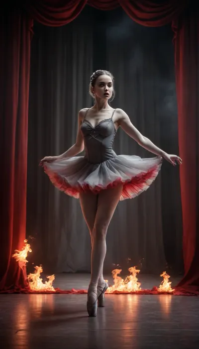 A dark grayscale theater stage with broken curtains, a sexy ballerina dancing in torn ballet shoes. Entire scene in grey tones, except for vivid glowing red flames swirling around her body and her lips. Gothic, surreal, dramatic.