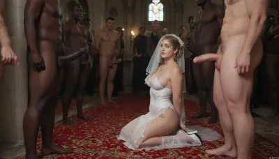 A humiliated white bride in a wedding scene, kneeling submissively before 5+man dominant black men with giant black Penis, group sex, gangbang, wearing a white slutty wedding dress with a torn veil, a black spade symbol on a necklace around her neck or a black spade tattoo on her stomach, kneeling in shame, a dark and erotic wedding setting with red lighting, rose petals on the ground, a sign saying 'Worthless White Groom' in the background, power dynamics, racial humiliation theme, real breeding fantasy theme, cinematic style, bnwo, highly detailed, dramatic lighting, 8k resolution, rope, black, bondage, caved cuckold penis, inside church, <lora:SDXLHighDetail_v6-000005:.7>, <lora:bdsm_SDXL_1_:1.4>