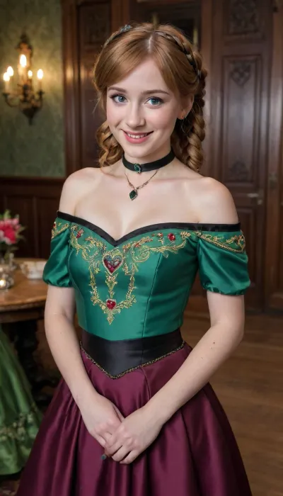 1 woman, 35 years old, (Anna of Arendelle), (Frozen), (Disney), white skin, smiling face, adorable, blue eyes, reddish strawberry blond hair, (two braided pigtails), (long hair), bangs, freckles, skinny, small waist, (small breasts), ((coronation dress with a black sweetheart bodice, dark green off-the-shoulder straps, rosemaling, and embroidery)), floor length olive drab pleated skirt, thick black satin choker, castle ballroom, decorations, party, standing, <lora:ahxl_v1:.8>