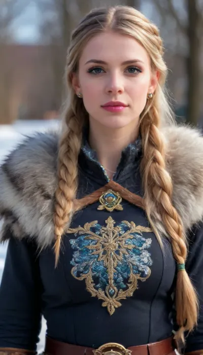 A fiercely proud Nordic girl stands, her presence exuding unwavering strength. Her blonde braids cascade down her back, framing a face marked by determination and resilience. This stunning portrait captures her piercing blue eyes, reflecting the icy landscapes of her homeland. The intricate details of her embroidered Viking armor and fur-lined cloak speak of her warrior spirit. This high-quality painting seamlessly combines power and grace, drawing the viewer into the captivating story of a fierce Nordic warrior princess. body manipulations, divine proportion, non-douche smile, gaze into the camera, holographic shimmer, whimsical lighting, enchanted ambiance, soft textures, imaginative artwork, ethereal glow, silent Luminescence, whispering Silent, iridescent Encounter, vibrant background, full body, (((rule of thirds))), high quality, high detail, high resolution, (bokeh:2), backlight, (long exposure:2)