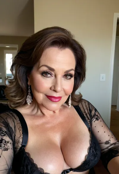 old mature 65 years old, brunette, medium hair, glamour, chubby, bbw, beautiful big black eyes, neck lace, heavy make up on eyes, hoop earrings, naught sexy flirt smile, tiny little tits, very small boobs tits, long sleeve sexy lingerie, selfie picture long an wide face, big face, very wide face, side face view