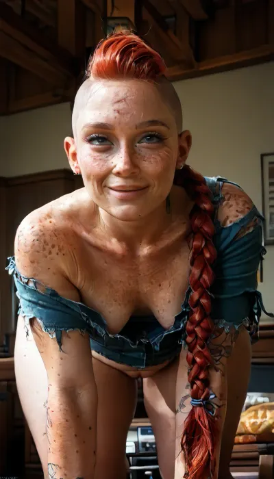 A beautiful older woman, (her name is 24082025), a 40-year-old MILF, (Viking hairstyle, braided red hair with a shaved sidecut), (very high forehead with a late hairline:1.5), (freckles on her face and all over her body:1.4), (wrinkles on her face), (naturally pale skin), smiling with dimples, (glasses very thin green frames:1.1), . Her upper body is slim, and she has, (very small breast:1.3), pointed breasts and a narrow waist. However, her lower body is stocky and severely overweight, she has, (very thick legs:1.4), visible, (belly fat:1.1), and a, (big peachy butt), ., (Severely swollen pussy after using a vacuum pump), (plump outer labia:1.1), (wide-open gaping pussy hole), hairy pussy, (very long inner labia hanging out:1.5), (2 inch big clitoris:1.5), so big that it sticks out, very detailed and textured . She is a waitress. loves cakes, movies, takes drugs, drinks alcohol and loves sex with men but also women.beautiful face with sweet smile. Raw images, shy, modest, tired, curvy, mature woman, (person in frame but poorly centered), bad camera angle, unbalanced shot, (very curvy, mature BBW woman:1.1), (sBbw+PAWG:1.1), (obese:1.1), couch, Monroesweet, Zavy-cnmtc, Brandon, Woelfel, Style, page, 3ll3f4nning, bottomheavy, big, ass, huge, gigantic, thick, thighs, massive, in a forest, (foster's home for imaginary friends
Character
frankie foster), (((3boy))), ((((big ugly goblin))), monster), ((((doggy sex:1.8)))), (big penis:1.3), (her hands are bound:1.5), rape, (natural body:1.2), big blue eyes, (intense pleasure moaning, mouth opened:1.2), (natural breasts:1.2), (vaginal creampie:1.2), (shaved pussy:1.3), (Perfect pussy, 1.2), (very sweaty), ((torn clothes:1.5)), (visible tits:1.5), (female full body shot:1), (random view:1.5), (High, Resolution), (More, Details), (8K), <lora:add-detail-xl:1>, <lora:sunnyrayyxo_v1_SDXLBase:.7>, <lora:checkpoint-e100_s400:1.9>