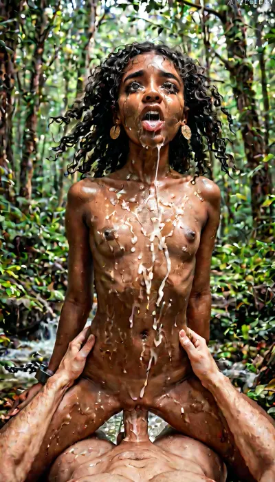 Hyperrealistic image in an open forest, a young, dark-skinned 18-year-old Indian woman, very thin and petite, with small tits, is grabbed by the neck tightly by a black man with a big cock while he is very carelessly penetrating her 28x9 inch in her small vagina. You can see how the young Indian woman is chained, her eyes are watery and tears are falling from her eyes, you can see how her body is covered in saliva and semen.