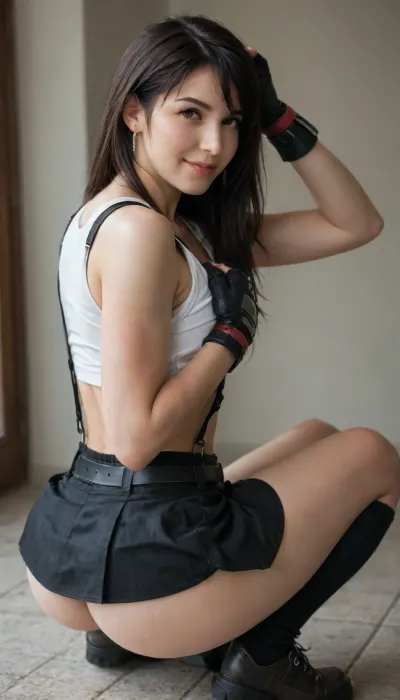 Beautiful Tifa Lock hart cosplay costume, white sleeveless top, a black leather-like skirt with suspenders, fingerless gloves, thigh-high socks, and armor-like pieces for the arms and legs, a green Materia bangle and a belt, back view, turning her head backwards towards the viewer, looking at the viewer, huge natural bust, indoor background, lustful smile, her one hand groping her back, one hand over her head, squatting down.