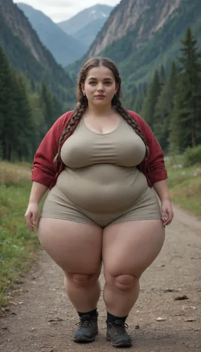 hyper hips, heavyweight, fat woman, obese, (fully dressed:1.3), night mountain, massive fat thighs, hiking, (shortstack:.03), sashay, braided hair