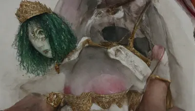 Russian princess in national costume, lace filigree of bright, rich color. Super clear, highly detailed watercolor, Russian national costume, anal sex, leash, knees, jewelry, crown, gold, diamond, princess, emerald, butler