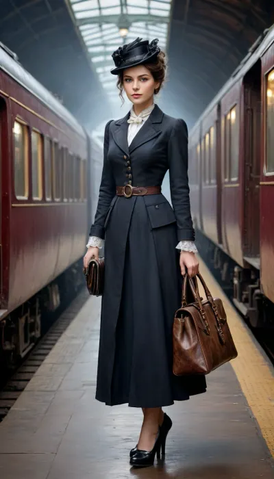 5000000010.89, Image of a woman with a handbag on a train station platform, detailed painting, trends in computer society, oil painting, gothic art, Victorian clothing and accessories, highly detailed and rich clothigoingng, alluring, mesmerizing woman, amazingly detailed d&d art, painting, Victorian aristocracy, dark and intricate, steam train, magnificent woman, canvas, oil