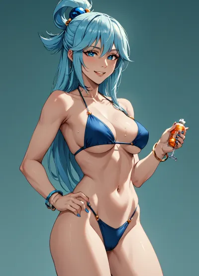 score_9_up, score_8_up, score_7_up, kono_subarashii_sekai_ni_shukufuku_wo! aqua_, (konosuba), 1girl bare_shoulders bikini bikini_bottom_only blue_eyes blue_hair blue_nails bracelet breasts day grin hair_ornament hair_rings hand_on_own_hip jewelry lips long_hair lotion medium_breasts navel navel_piercing nipples piercing ring sideboob single_hair_ring smile solo stomach sunscreen swimsuit topless_female underboob, ((short height, short stature:1)), lineart, Animated, Nightmare, Style, (<lora:AnimatedNightmaresStyle:1.4>)